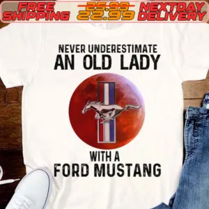 Never Underestimate An Old Lady With A Ford Mustang Moon Logo Shirt
