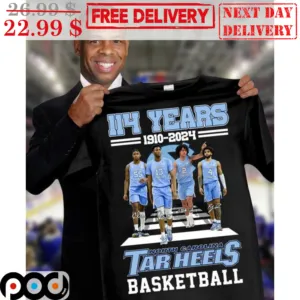 114 Years 1910 2024 North Carolina Tar Heels Basketball Shirt