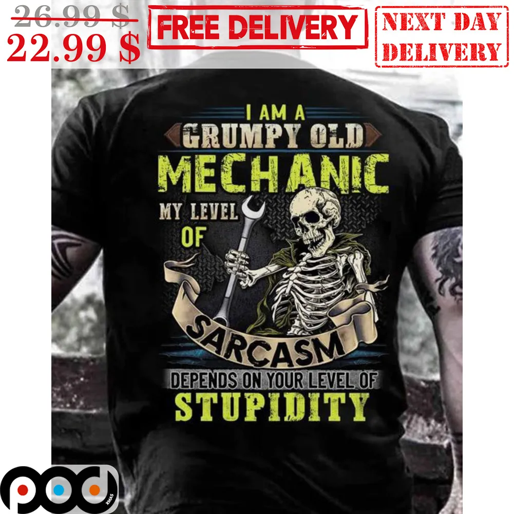 Skull I Am A Grumpy Old Mechanic My Level Of Sarcasm Depends On Your Level Of Stupidity Shirt