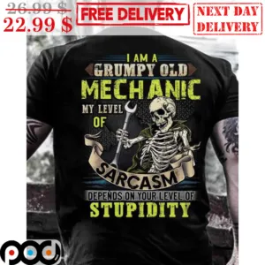 Skull I Am A Grumpy Old Mechanic My Level Of Sarcasm Depends On Your Level Of Stupidity Shirt