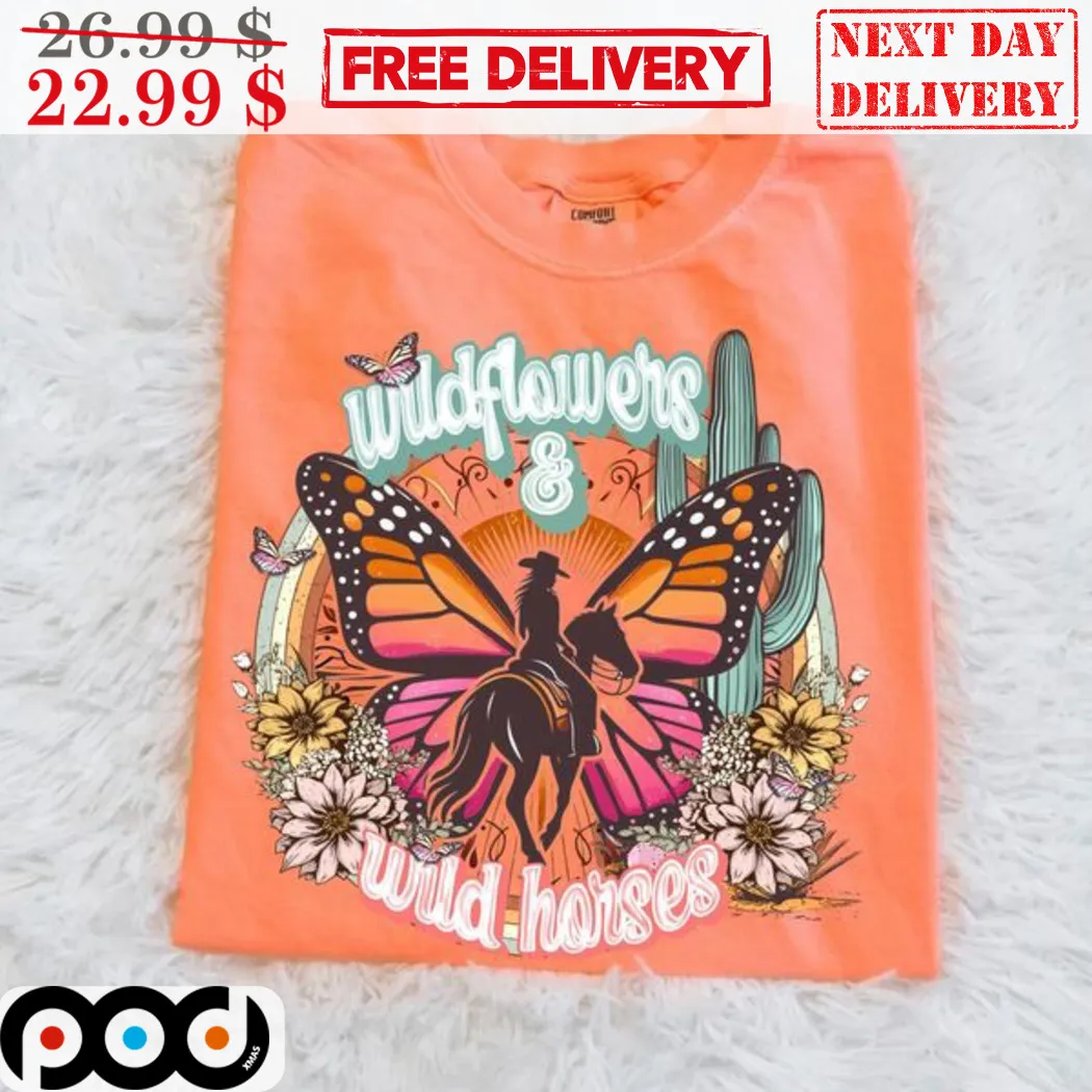 Wildflowers 3 Wild Horses Butterfly Cowgirl Floral Vintage Shirt