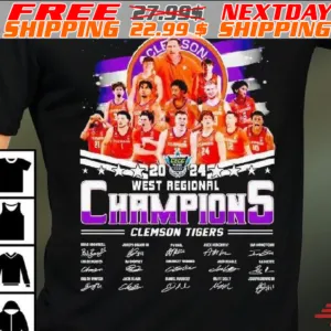 Clemson Tigers Men's Basketball 2024 Cecc West Regional Champions Signatures Shirt