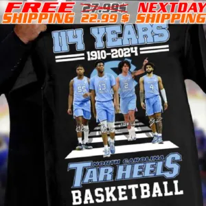 114 Years 1910-2024 North Carolina Tar Heels Basketball Signatures Shirt