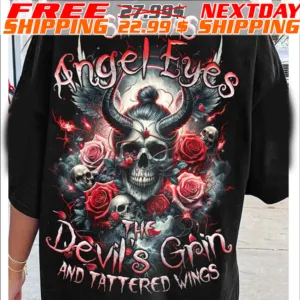 Skull She Has Angel Eyes The Devil's Grin And Tattered Wings Shirt