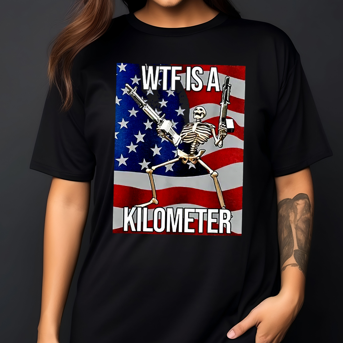 Skeleton WTF Is A Kilometer American Flag Shirt