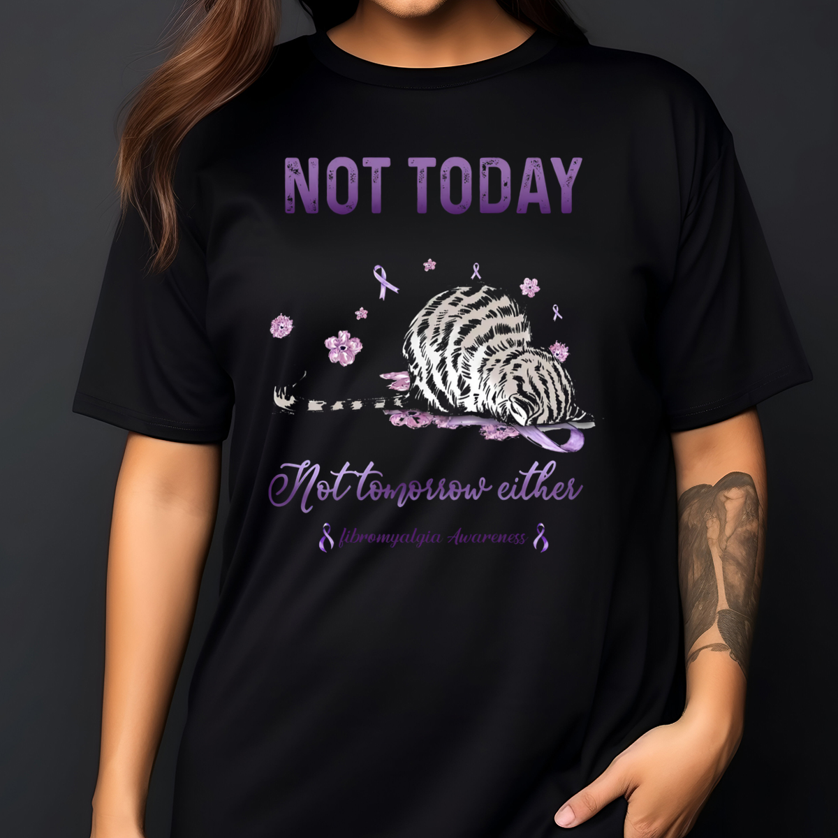 Cat Sleep Not Today Not Tomorrow Either Fibromyalgia Awareness Shirt