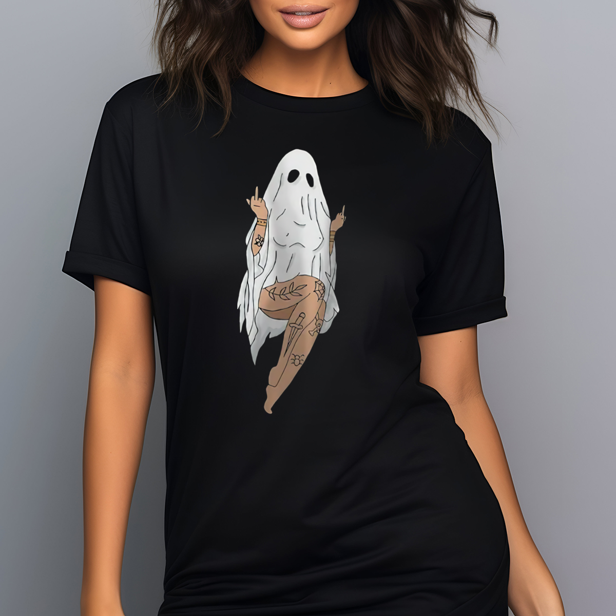 Ghost Girl Tattoo Big Boobs Halloween Middle Finger 2024 Shirt