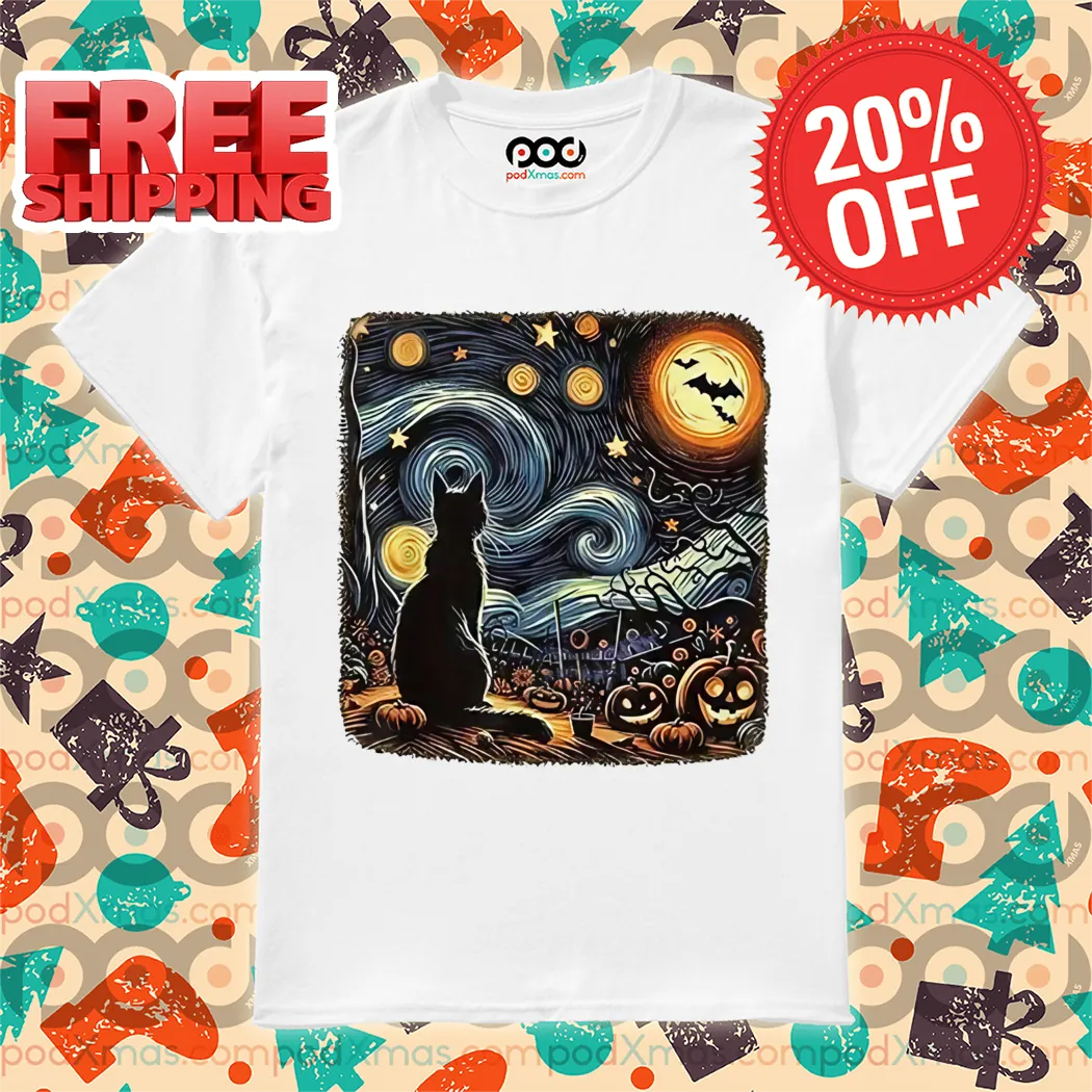 Halloween Van Gogh Starry Night Cat Pumpkins Print Halloween 2024 Shirt
