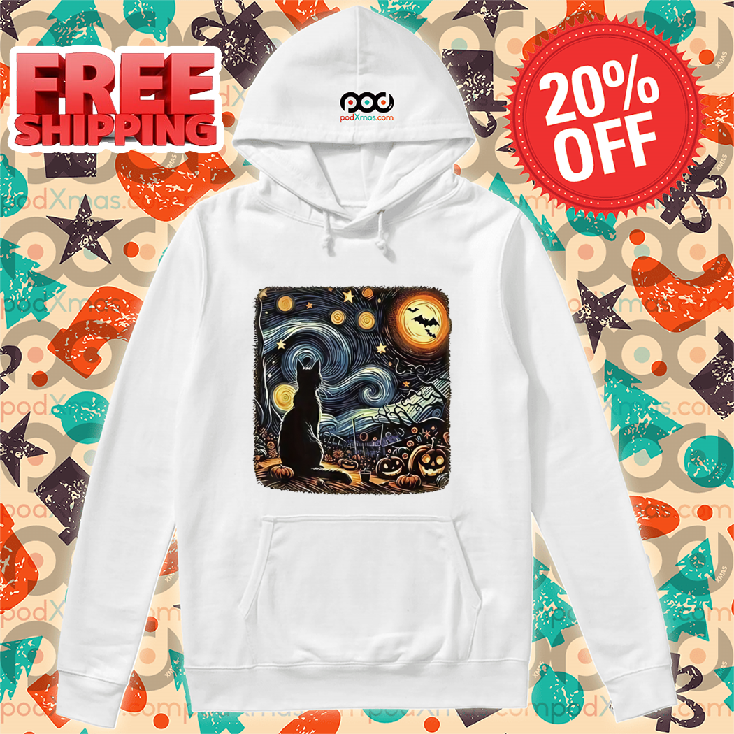 Halloween Van Gogh Starry Night Cat Pumpkins Print Halloween 2024 Shirt