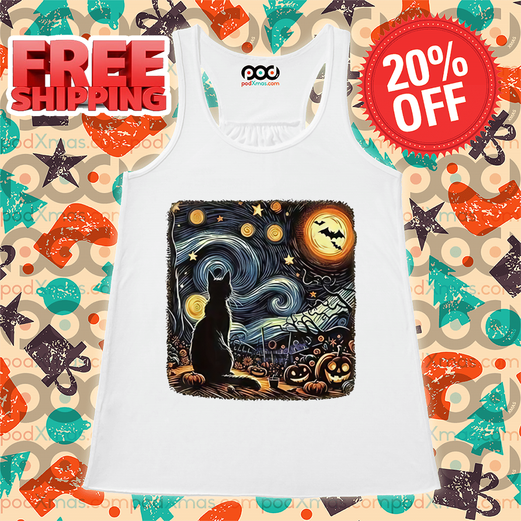 Halloween Van Gogh Starry Night Cat Pumpkins Print Halloween 2024 Shirt