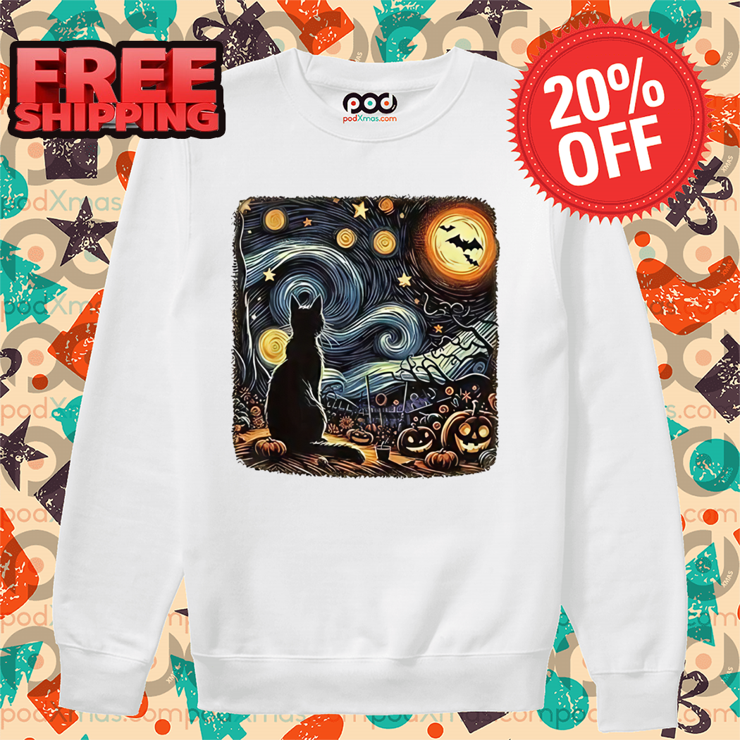 Halloween Van Gogh Starry Night Cat Pumpkins Print Halloween 2024 Shirt