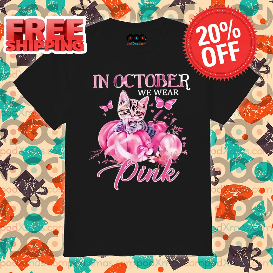 Cat Pumpkin In October We Wear Pink Breast Cancer Awareness 2024 Shirt