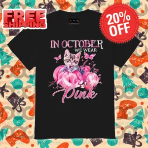 Cat Pumpkin In October We Wear Pink Breast Cancer Awareness 2024 Shirt