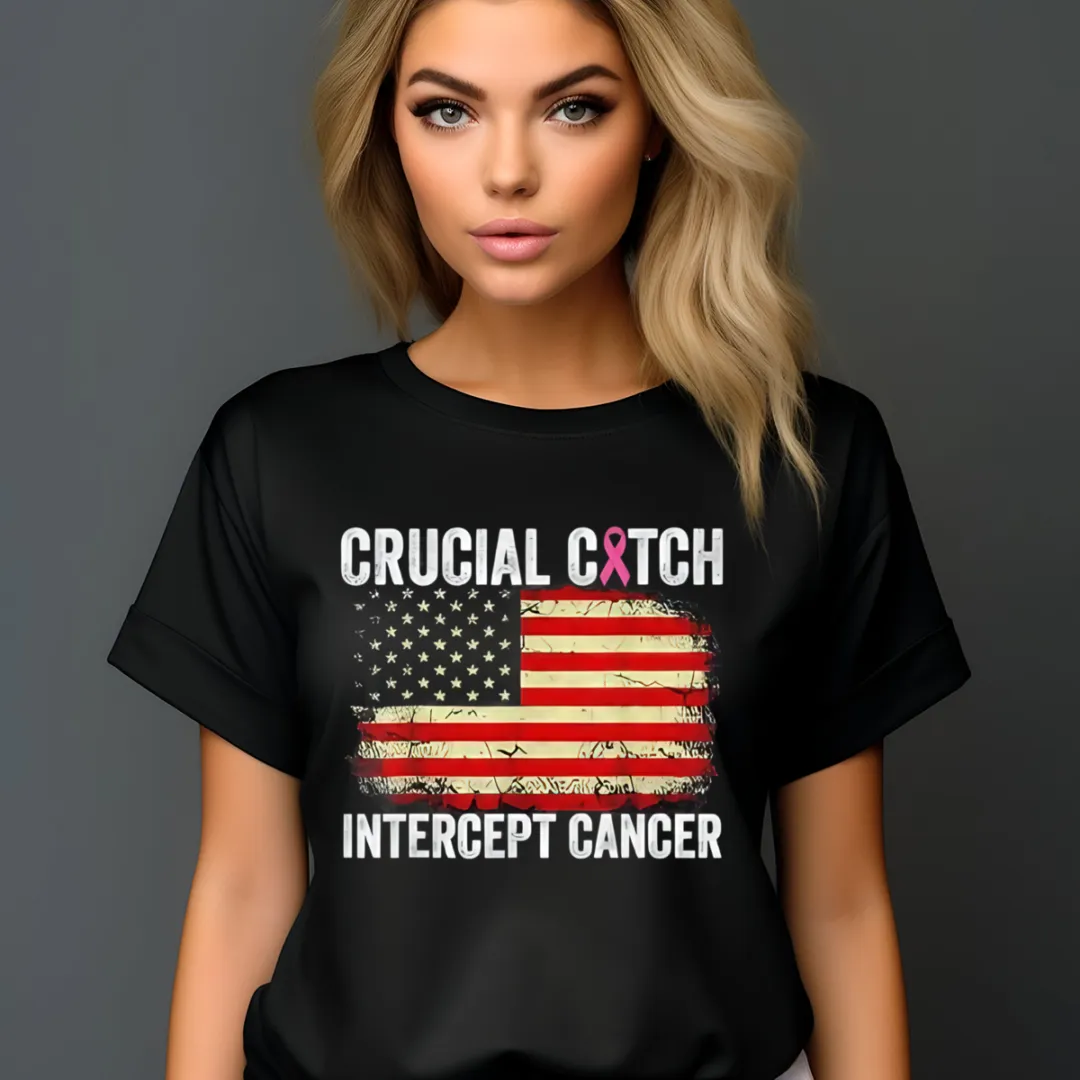 Crucial Catch Intercept Cancer Breast Cancer Awareness American Flag Shirt
