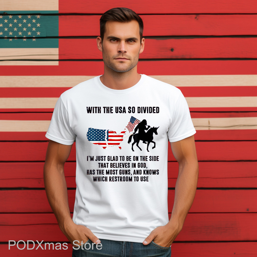 Bigfoot Riding Unicorn Flag With The USA So Divided Shirt