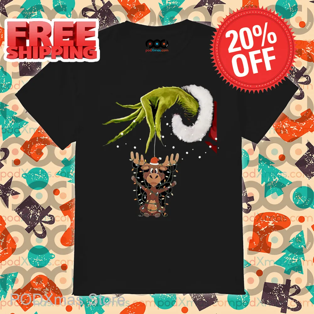 Grinch Hand Moose Christmas Lights 2024 Shirt