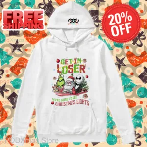 Grinch Santa Jack Skellington Get In Loser We're Going To See Christmas Lights Shirt