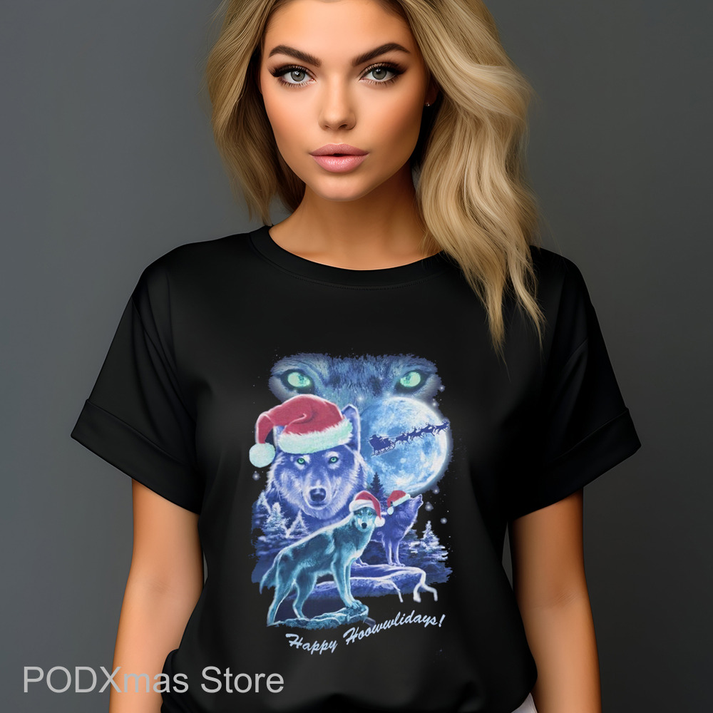 Wolf Santa Hat Happy Hoowwlidays Christmas 2024 Shirt