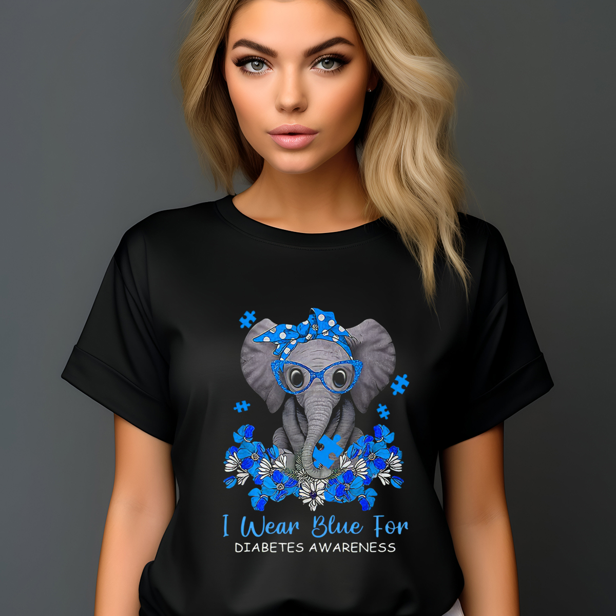 Elephant Floral I Wear Blue For Diabetes Awareness Shirt