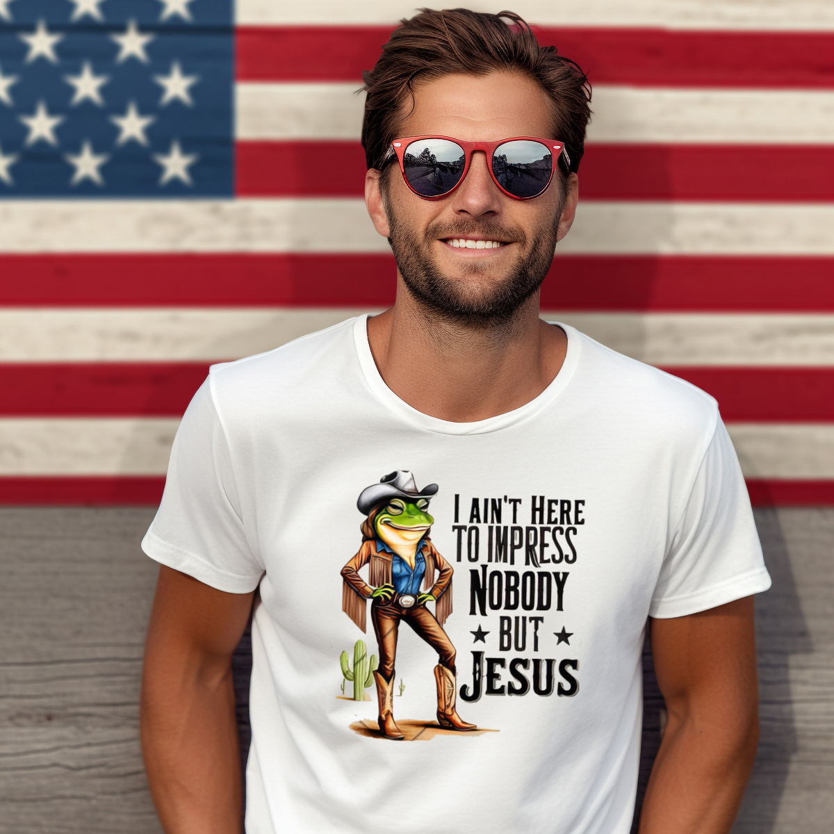 Frog Cowboy I Ain't Here To Impress Nobody But Jesus Shirt-enhance