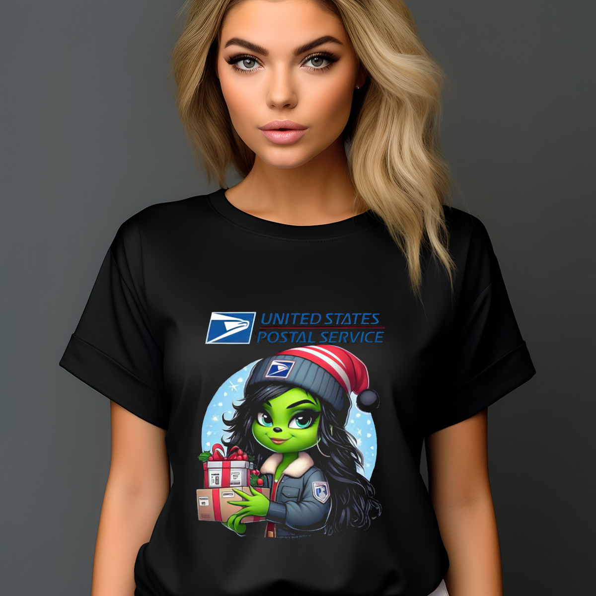Grinch Girl USPS 2024 Christmas Shirt-enhance-faceai
