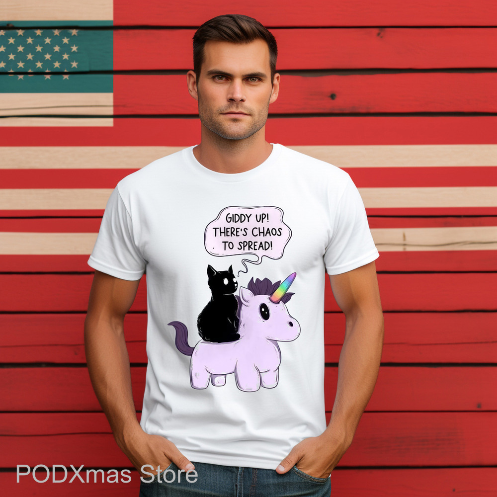 Cat Riding Unicorn Giddy Up There's Chaos To Spread Shirt