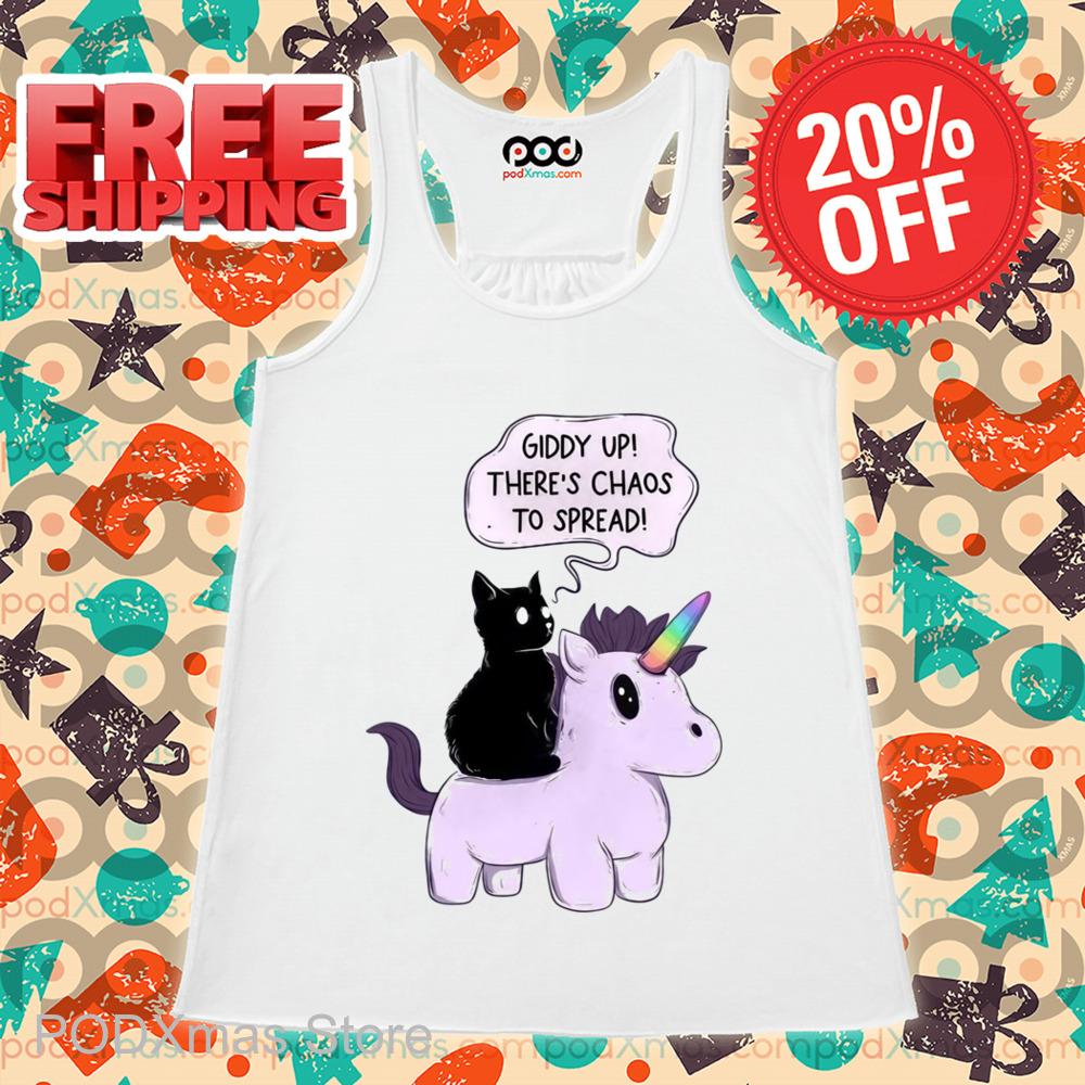 Cat Riding Unicorn Giddy Up There's Chaos To Spread Shirt