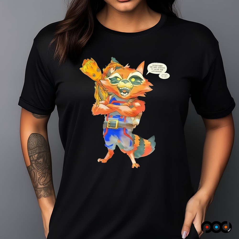 Groot and Raccoon together we are going to save the universe comic shirt
