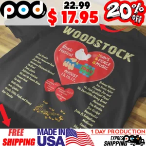 Big Red Heart Woodstock 1969 music festival 3 day peace music august 15 16 17 shirt
