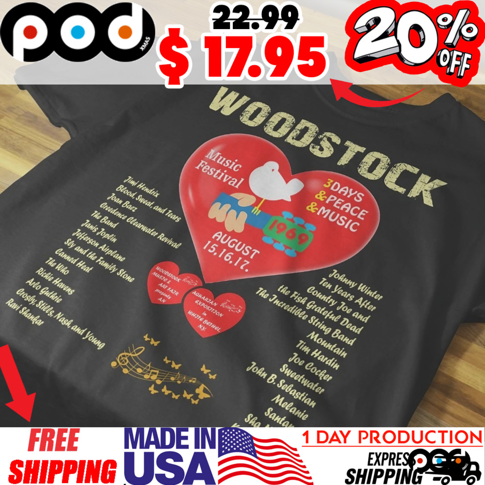 Big Red Heart Woodstock 1969 music festival 3 day peace music august 15 16 17 shirt