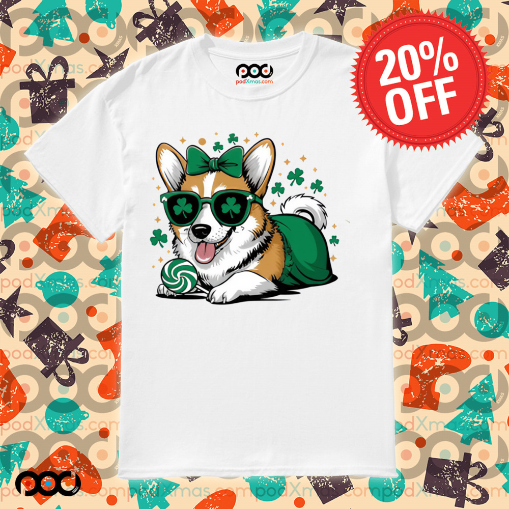 Corgi St Patty's Boy Cute Wearing a Shamrock glasses Shirt