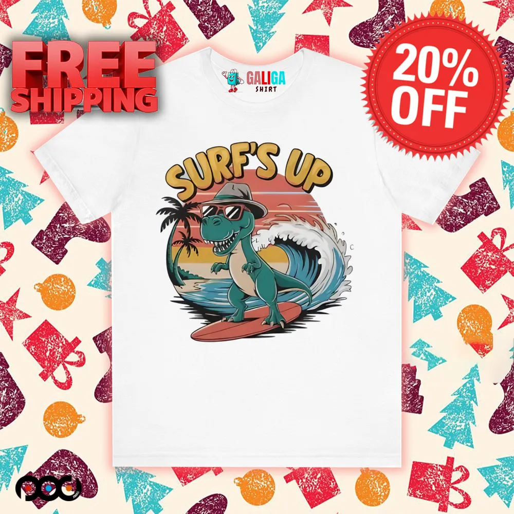 Dino Surf's Up dinosaur wearing sunglasses and a hat shirt