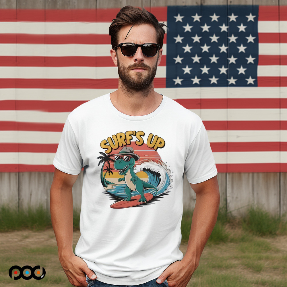 Dino Surf's Up dinosaur wearing sunglasses and a hat shirt Dino Surf's Up dinosaur wearing sunglasses and a hat shirt