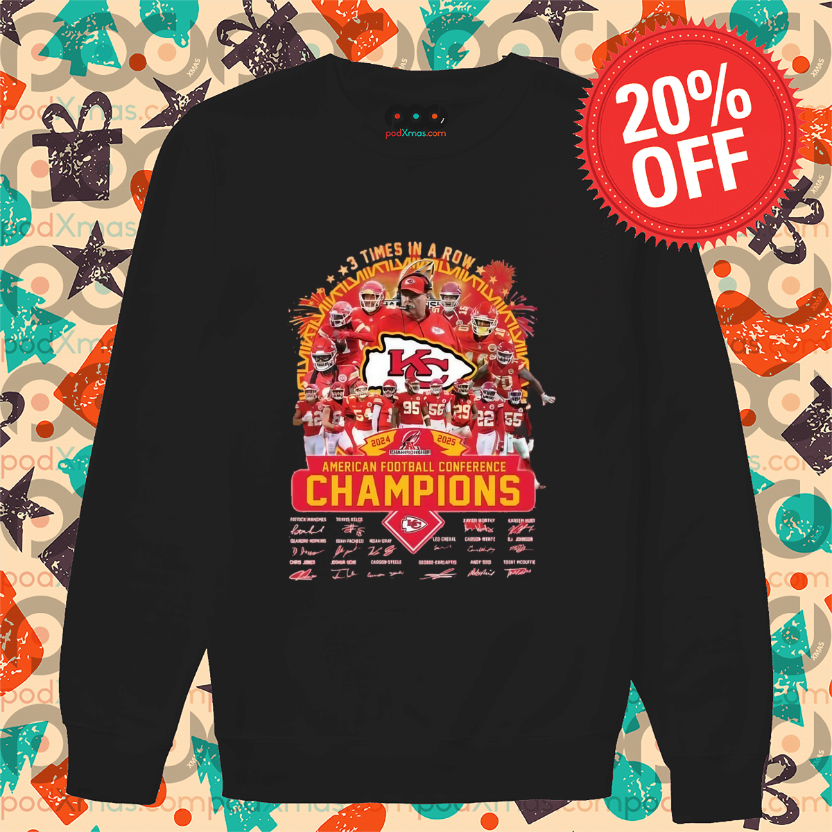 3 Times In A Row Afc Champions 2024 2025 Kansas City Chiefs Shirt
