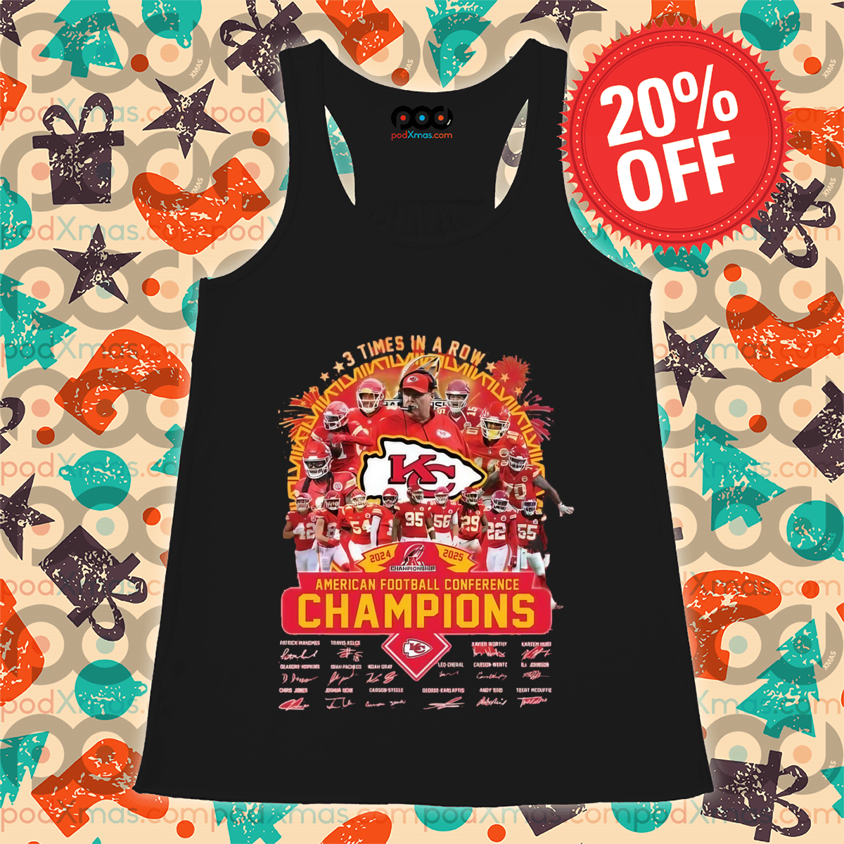 3 Times In A Row Afc Champions 2024 2025 Kansas City Chiefs Shirt