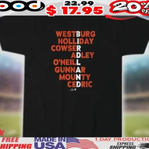 Baltimore Orioles Westburg Holliday Cowser Adley O'neill Gunnar Mounty Cedric Birdland Names 2025 Shirt