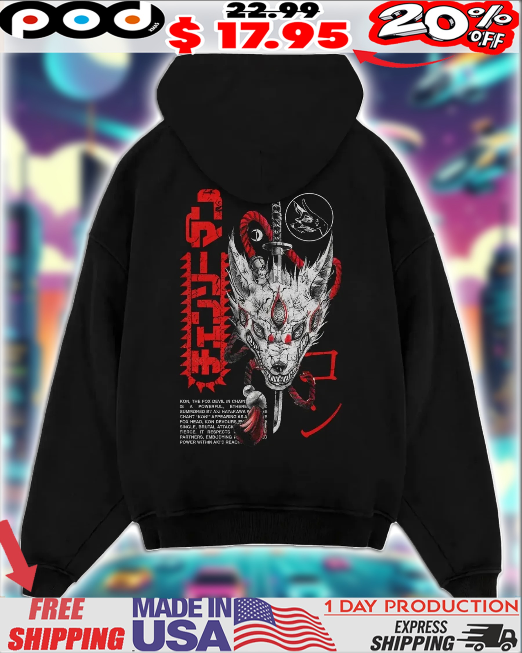 Chainsaw Man 'Kon' Fox Head Devil Dark Anime Streetwear Shirt Chainsaw Man 'Kon' Fox Head Devil Dark Anime Streetwear Shirt