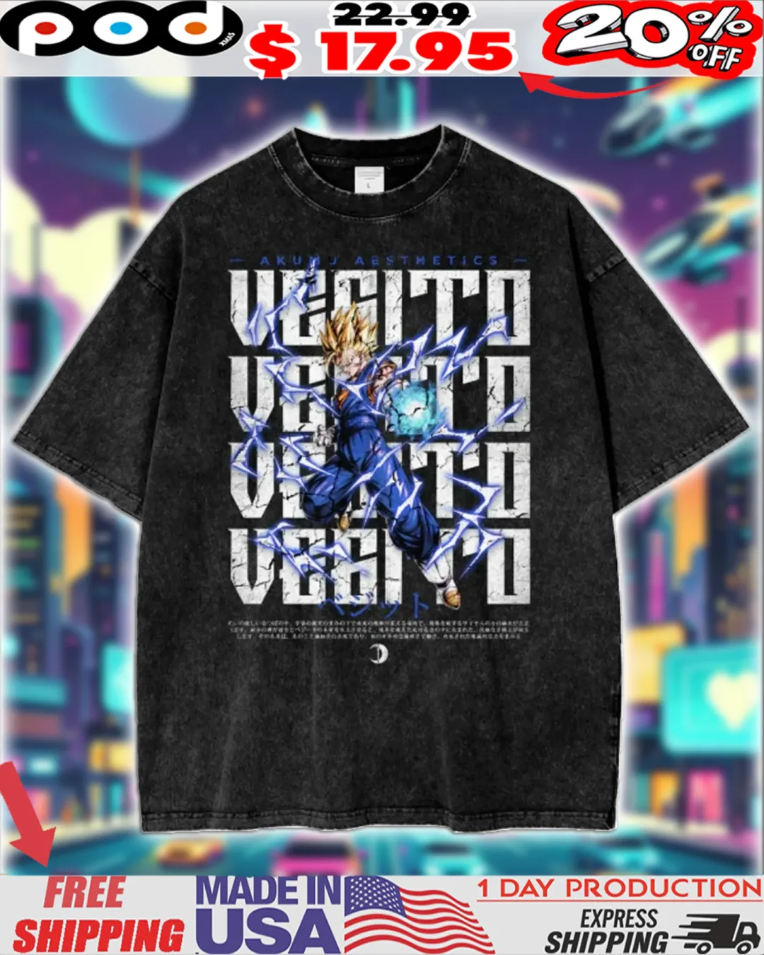 Dragon Ball 'Vegito' Super Saiyan Blue Lightning Anime Streetwear Vintage Shirt