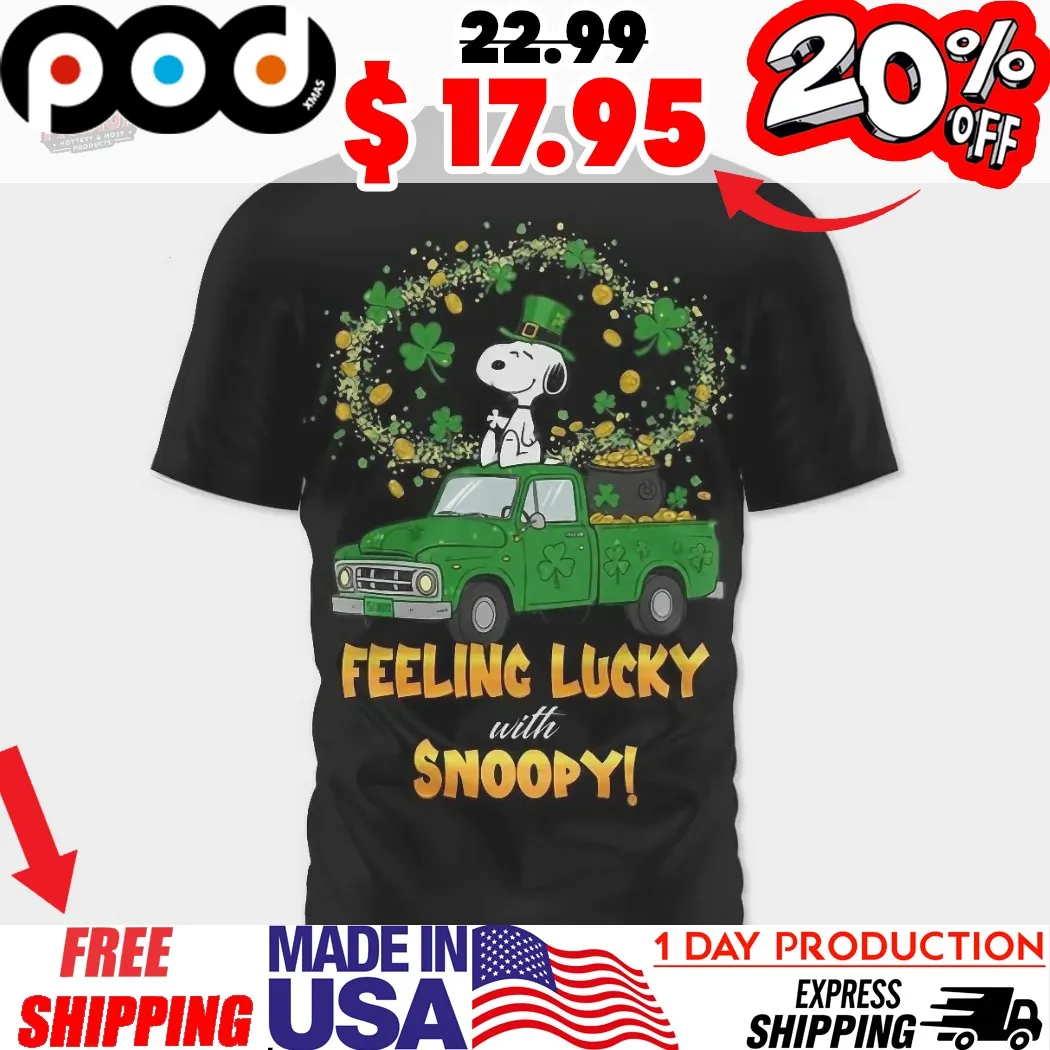 Feeling Lucky with Snoopy Leprechaun Hat on a Shamrock Truck St Patrick’s Day Shirt