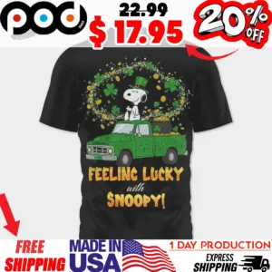 Feeling Lucky with Snoopy Leprechaun Hat on a Shamrock Truck St Patrick’s Day Shirt