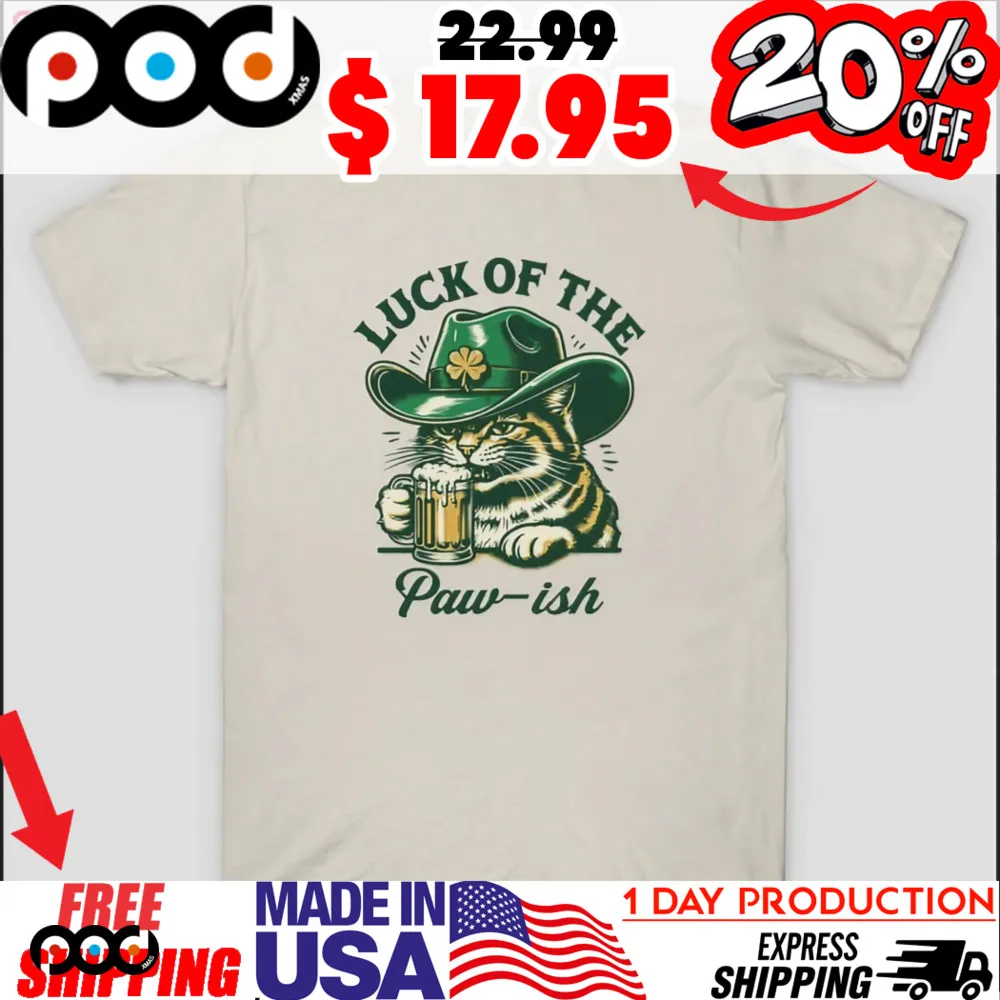 Luck of the Paw-ish Cat in Cowboy Hat with Beer Illustration Vintage St. Patrick’s Day Shirt