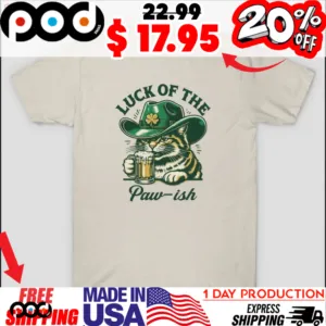 Luck of the Paw-ish Cat in Cowboy Hat with Beer Illustration Vintage St. Patrick’s Day Shirt