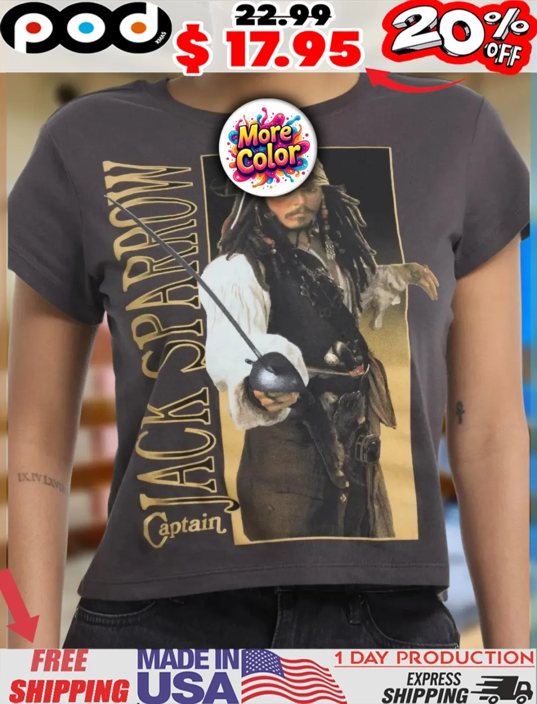 Pirates Of The Caribbean Jack Sparrow Photo Girls Skimmer Vintage Shirt