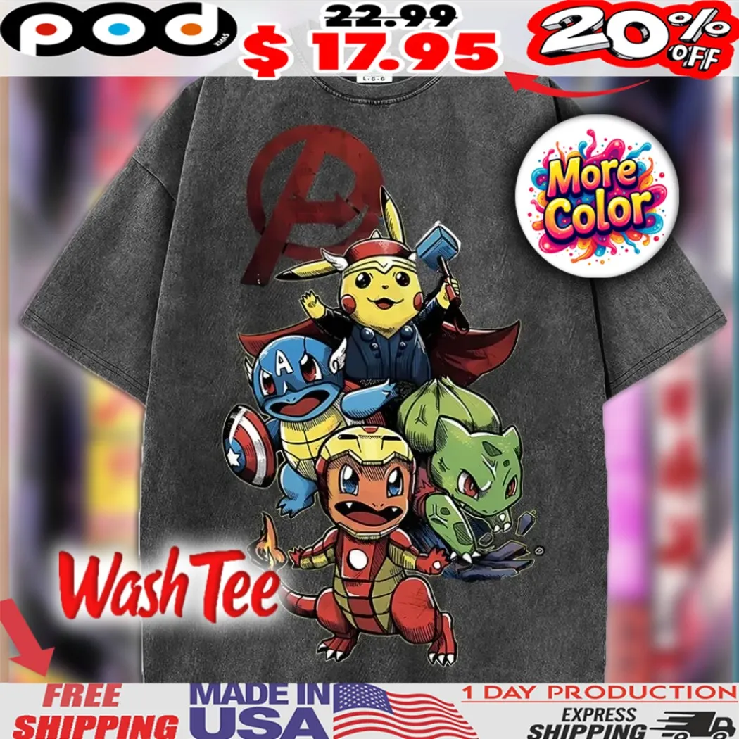 Pokémon Avengers Superhero Crossover Pikachu Thor Captain Squirtle Shirt