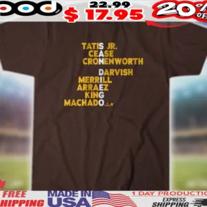 San Diego Padres Baseball Names Tatis Jr Cease Cronenworth Darvish Merrill Arraez King Machado 2025 Shirt