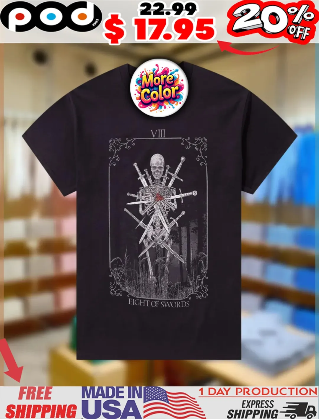 Skeleton Eight Of Swords Tarot Card Vintage Shirt