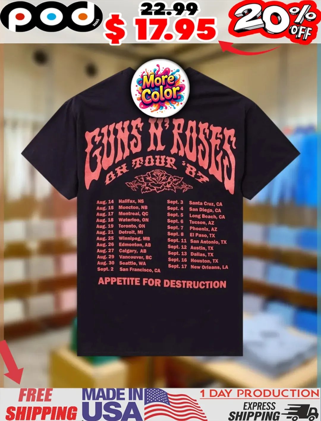 Skulls Guns N' Roses OH '87 Tour Appetite for destruction Roses Shirt