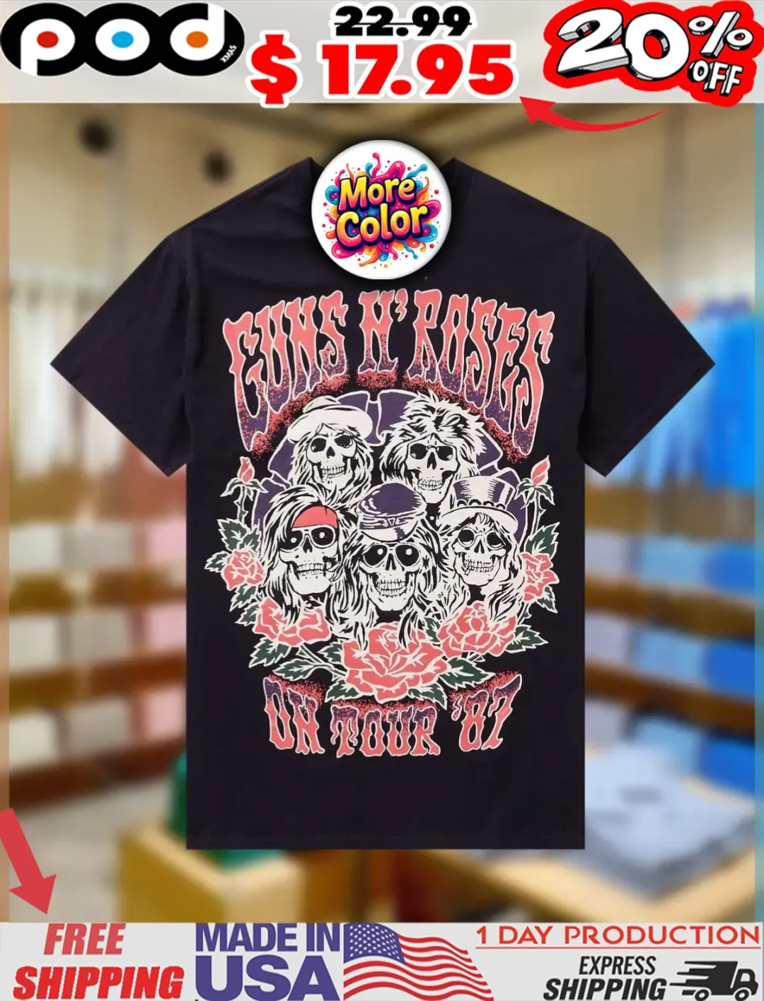 Skulls Guns N' Roses OH '87 Tour Roses Shirt