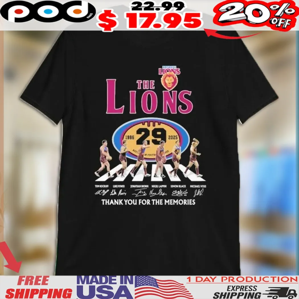 The Brisbane Lions 29th 1996 2025 Thank You For The Memories Road Abbey Signatures Mascot Shirt