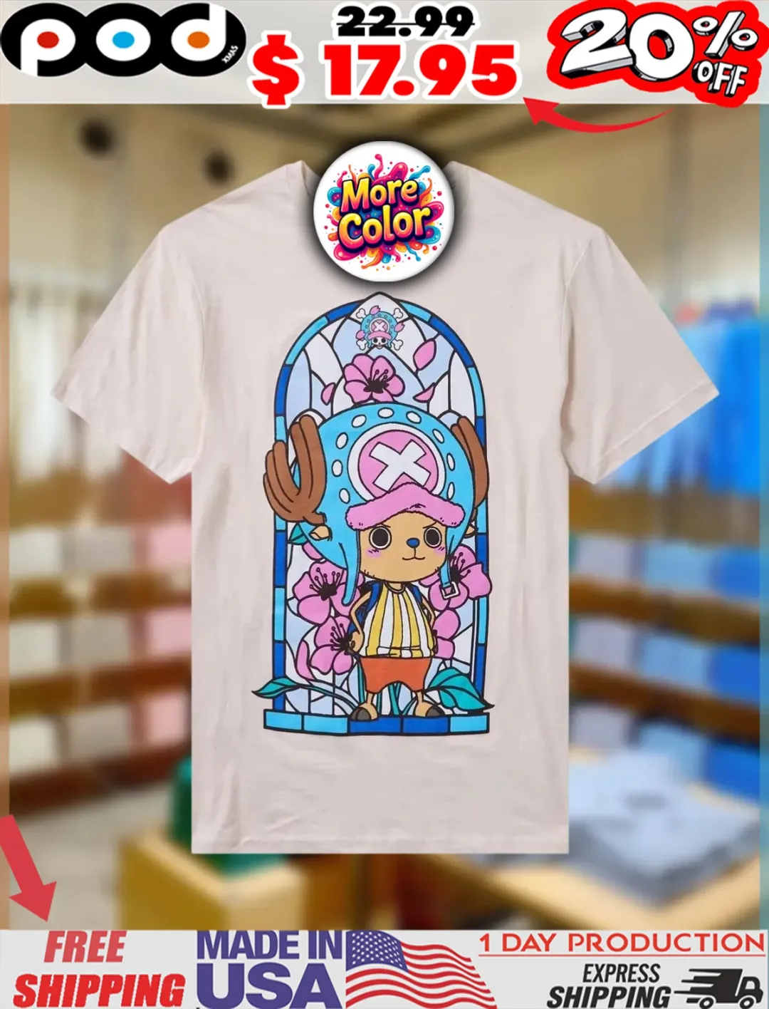 Tony Chopper Cherry Blossom One Piece Stained Glass Girls Shirt